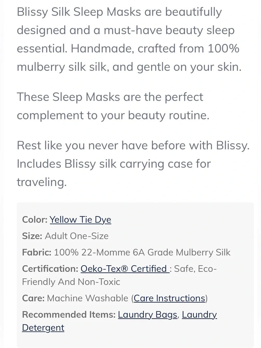 Blissy Yellow Tie Die 100% Mulberry Silk Sleep Mask with Travel Pouch NIB
